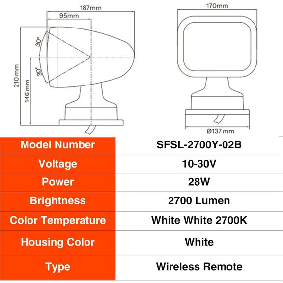 SEAFLO 28W Remote Control LED Searchlight, Warm White, Wireless Remote, Black image number 8