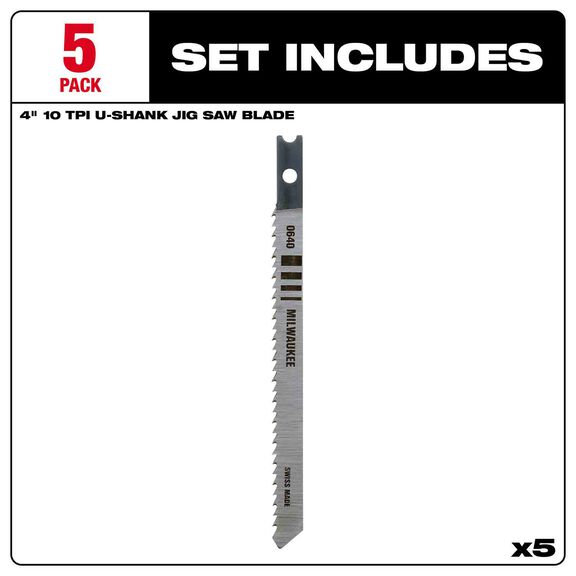 4" 10TPI U-Shank Wood High Carbon Steel Jig Saw Blades, 5 Pack image number 2