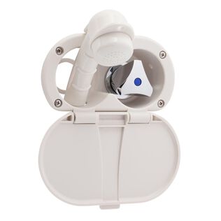 Trinidad Transom Shower Cold Only, Warm White Cup & Lid, Small Warm White Sprayer, 10' White Rubber Hose, Chrome Trinidad Handle