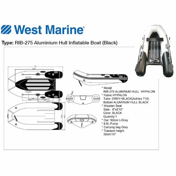 RIB-275 Aluminum Hull Inflatable Boat, Black image number 1