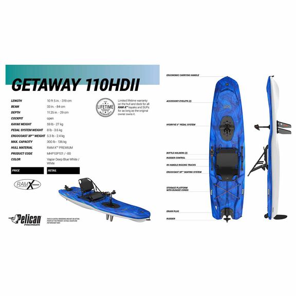 10'5" Getaway 110 HDII Sit-On-Top Pedal Kayak image number 3