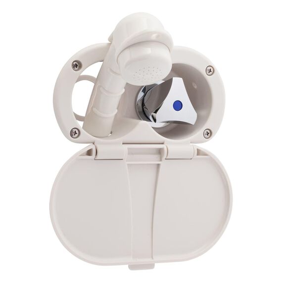 Trinidad Transom Shower Cold Only, Warm White Cup & Lid, Small Warm White Sprayer, 6' Stainless Steel Hose, Chrome Trinidad Handle image number 0