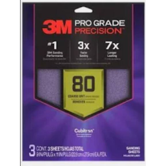3M Pro Grade Precision Faster Sanding Sheets w/ NO-SLIP GRIP Backing SHR80-PGP-3T, 9" x 11", 80 Gr, 3 Sht/Pk image number 0