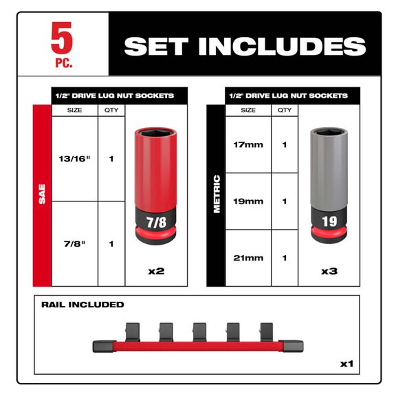 SHOCKWAVE 5-Piece Impact Duty&trade; 1/2 Drive SAE & Metric Lug Nut Wheel Socket Set image number 3