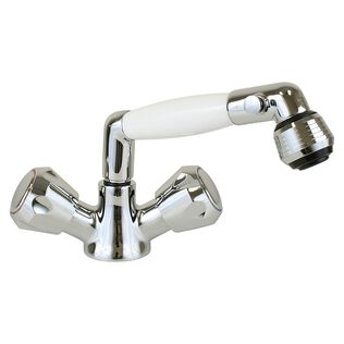 Combination Marine Faucet/Shower Fixture, White Handle with 5&rsquo; White Nylon Hose