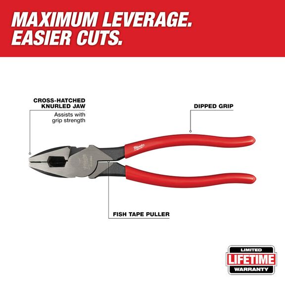 9" High Leverage Linesman's-Dipped Pliers image number 1