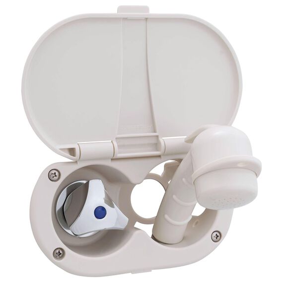 Trinidad Transom Shower Cold Only, Warm White Cup & Lid, Small Warm White Sprayer, 6' White Rubber Hose, Chrome Trinidad Handle image number 1