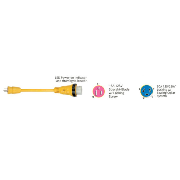 Marinco Shore Power Pigtail Adapter, 15 Amp 125V Male to 50 Amp 125/250V Female image number 1
