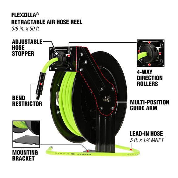 Flexzilla Retractable Air Hose Reel Open Face Single Axle Arm 3/8" 50' image number 2