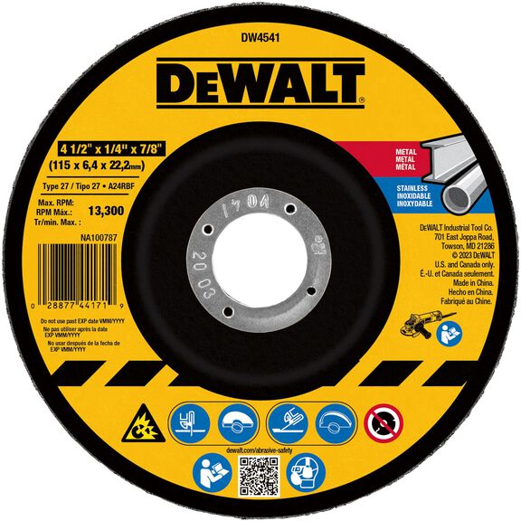 DEWALT  4-1/2� x 1/4" x 7/8" Metal & Stainless Grinding Wheel image number 0
