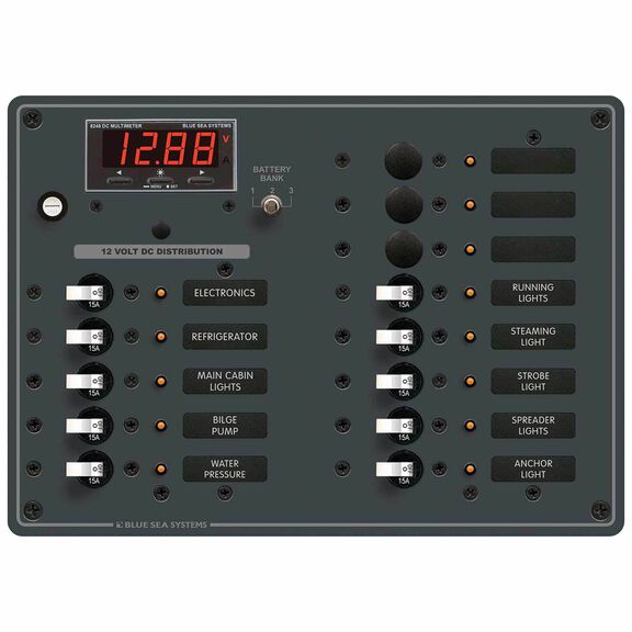 Traditional Metal DC Circuit Breaker Panel with Digital Multimeter, 13-Position image number 0