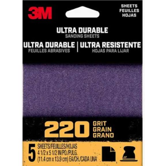 3M Ultra Durable Power Sanding 1/4 Sheet, 220 grit, 1/4Sht5pk220, 5 pk, 20/case image number 0