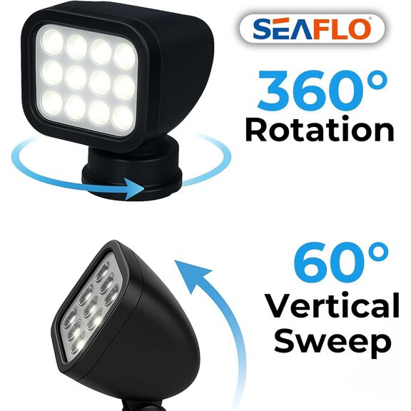SEAFLO 360&deg; Rotating Remote Control LED Searchlight, 10-30V DC, 2700 Lumens, Wireless Remote, Black image number 2