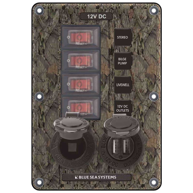 Water-Resistant Circuit Breaker Switch Panel, 4 pos. + 12 Volt Socket & Dual USB Charger image number 0