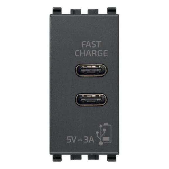 Vimar Eikon C+C USB Supply Unit 15W 3A 5V, 2 USB-C Ports, 1-Module, Grey image number 0
