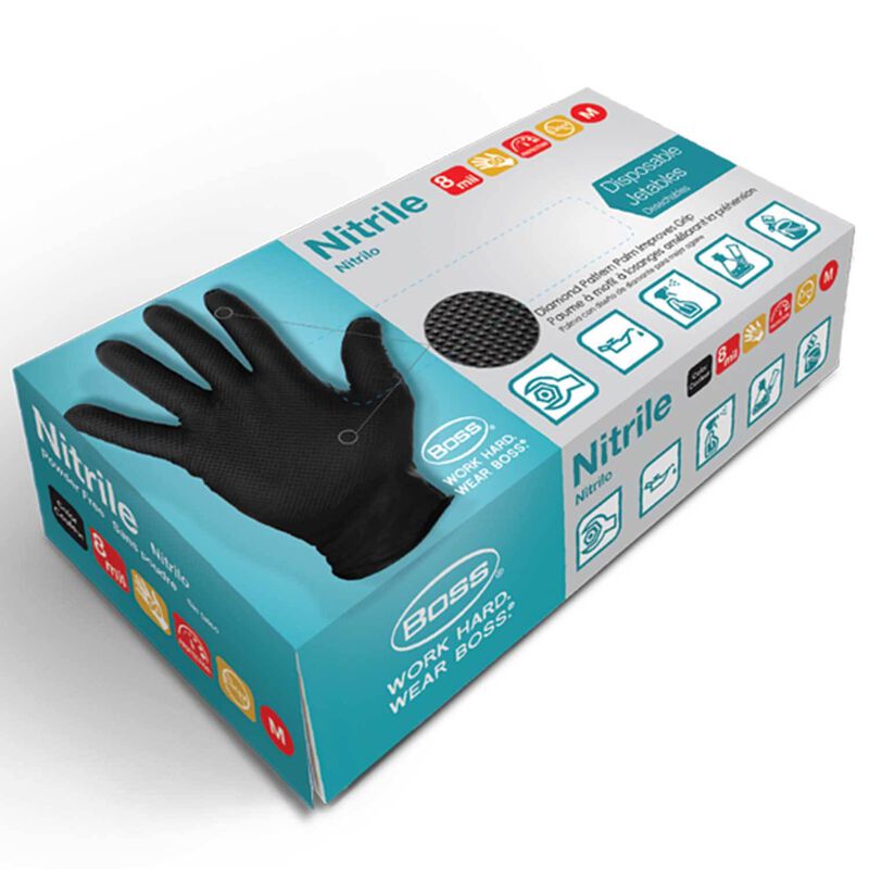 BOSS Nitrile Disposable Powder Free Gloves, Medium, Black, Box of 50