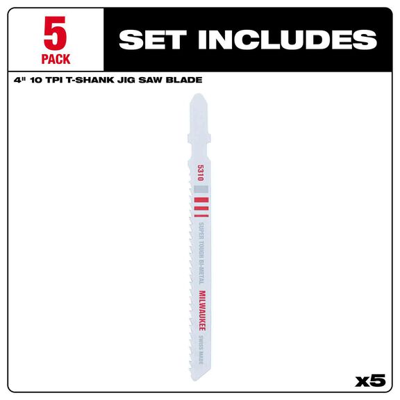 4" 10TPI T-Shank Multi-Material Bi-Metal Jig Saw Blades, 5 Pack image number 2