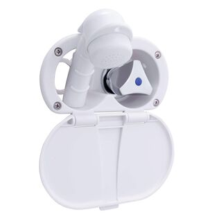 Trinidad Transom Shower Cold Only, Arctic White Cup & Lid, Small Arctic White Sprayer, 6' Stainless Steel Hose, Chrome Trinidad Handle