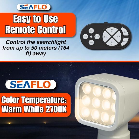 SEAFLO 28W Remote Control LED Searchlight, Warm White, Wireless Remote, White image number 4
