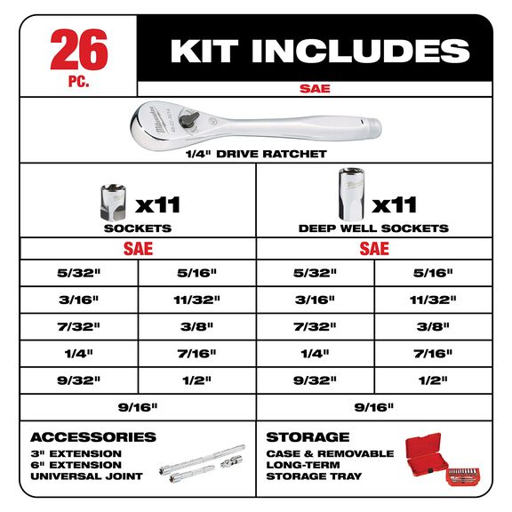 1/4" Drive Ratchet & Socket Set - SAE, 26 Piece image number 2