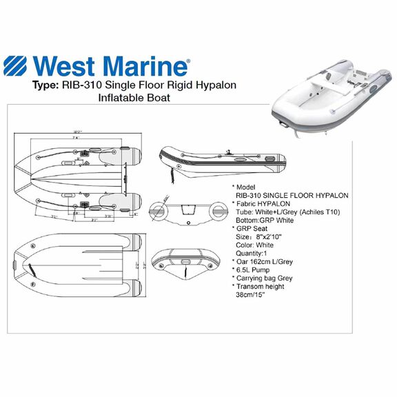 RIB-310 Fiberglass Single Floor Inflatable Boat, 10ft 2in Length, Hypalon UV Resistant Material, 1144lb Capacity image number 1
