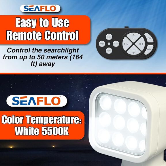 SEAFLO 360&deg; Rotating Remote Control LED Searchlight, 10-30V DC, 2700 Lumens, Wireless Remote, White image number 4