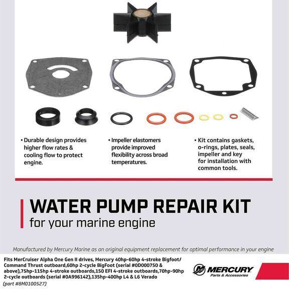 Mercury Water Pump Repair Kit 8M0100527 for Mercury and Mariner Outboards and MerCruiser Sterndrives image number 3