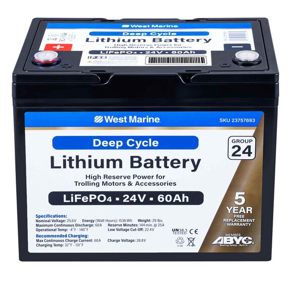 Group 24 Lithium Iron Phosphate Deep Cycle Battery, 24V 60Ah, Certified to ABYC Standards image number 0
