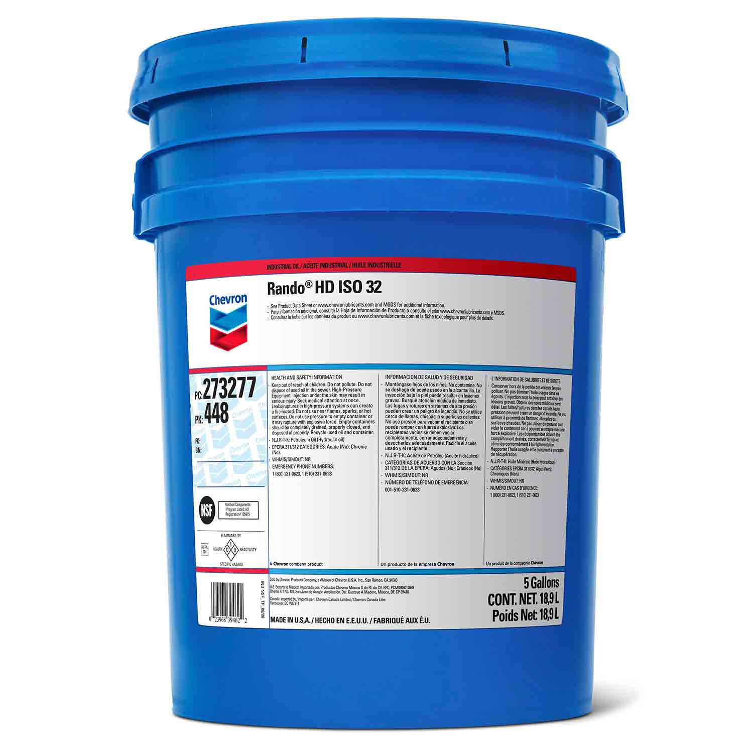 Chevron Rando HD ISO 32 Conventional Hydraulic Oil, 5 Gallon
