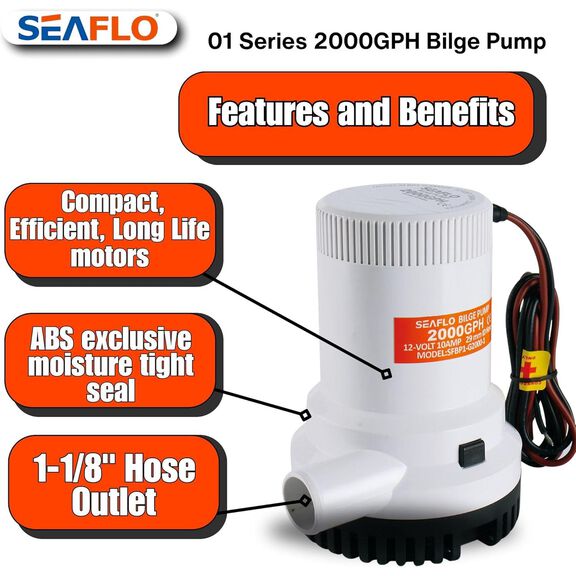 SEAFLO 01 Series 2000 GPH Bilge Pump 12V Submersible Marine Pump with Anti-Airlock Protection image number 5