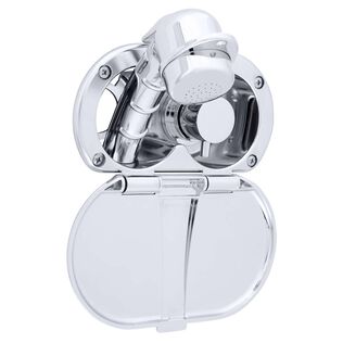 Aidack Transom Shower Hot/Cold Mixer, Chrome Cup & Lid, Small Chrome Sprayer, 6' White Rubber Hose, Chrome Aidack Handle