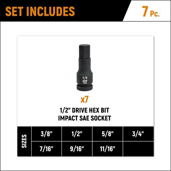 7 Piece 1/2" Drive Hex Bit Impact SAE Socket Set image number 1