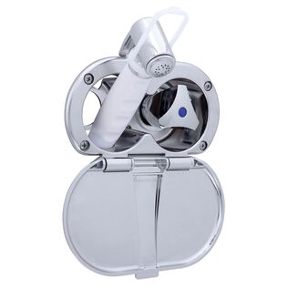 Trinidad Transom Shower Cold Only, Chrome Cup & Lid, Hammer-Head Arctic White Sprayer, 6' White Rubber Hose, Chrome Trinidad Handle
