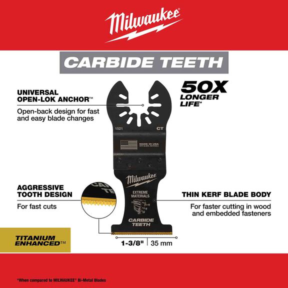 MILWAUKEE&reg; OPEN-LOK&trade; 1-3/8" Carbide Teeth Multi-Material Multi-Tool Blades, 3 Pack image number 1