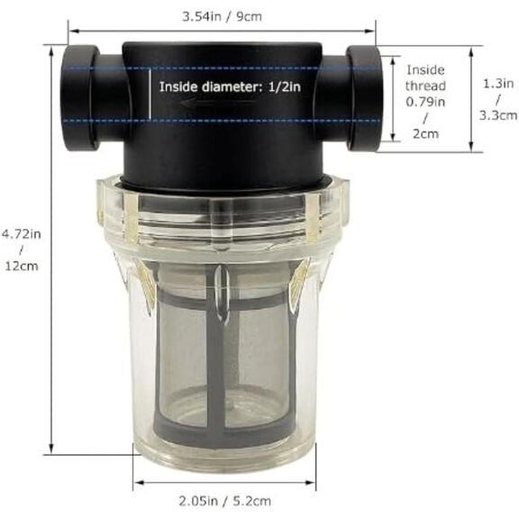 SEAFLO 1/2" In-Line Strainer 100 Mesh Stainless Steel Screen Clear Bowl image number 3
