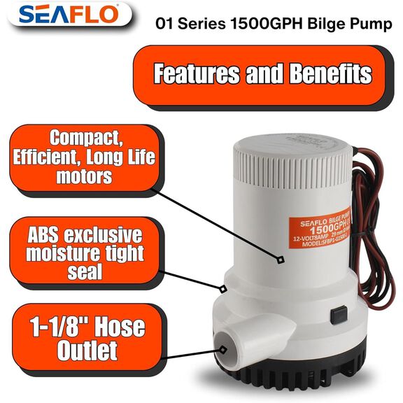 SEAFLO 01 Series 1500 GPH Bilge Pump 12V Submersible Marine Pump with Anti-Airlock Protection image number 6
