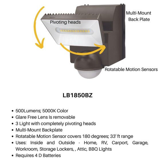 IQ America Battery Operated LED Indoor/Outdoor Motion Security Flood Light, 500 Lumens image number 4
