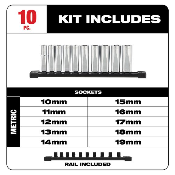 3/8" Metric Deep Well Sockets with FOUR FLAT&trade; Sides, 10 Piece image number 1
