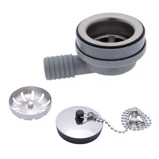 2" Drain, 95 Degree Drain, Low Profile w/Strainer, 1" Hose Barb, w/Chain Stopper Brushed Finish