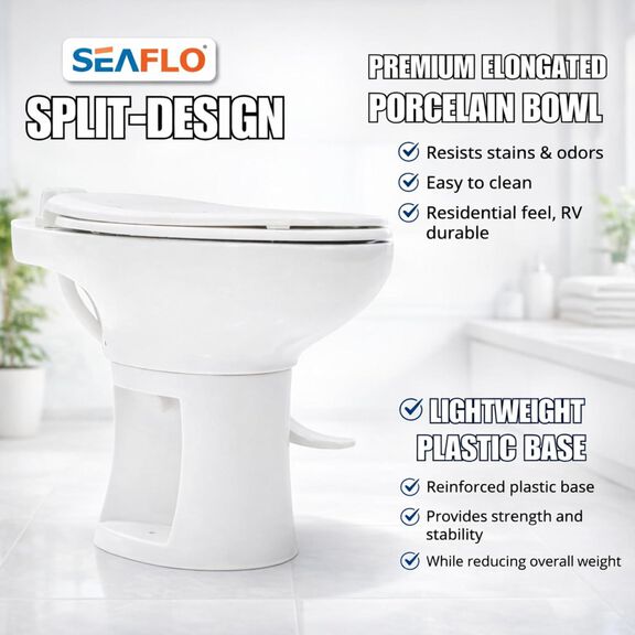 SEAFLO Porcelain RV Toilet Elongated Bowl 19in Residential Height Gravity Foot Pedal Soft Close image number 8
