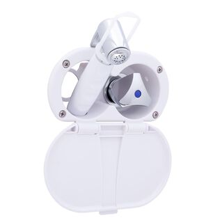 Trinidad Transom Shower Cold Only, Arctic White Cup & Lid, Hammer-Head Arctic White Sprayer, 6' Stainless Steel Hose, Chrome Trinidad Handle