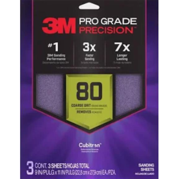 3M Pro Grade Precision Faster Sanding Sheets w/ NO-SLIP GRIP Backing SHR80-PGP-10T, 9" x 11", 80 Gr, 10 Sht/Pk image number 0