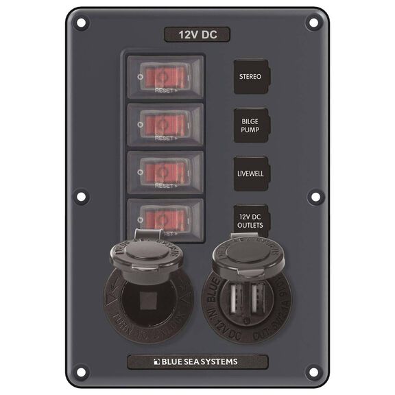 Water-Resistant Circuit Breaker Switch Panel, 4 pos. + 12 Volt Socket & Dual USB Charger image number 0