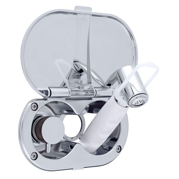 Aidack Transom Shower Hot/Cold Mixer, Chrome Cup & Lid, Hammer-Head Arctic White Sprayer, 10' White Rubber Hose, Chrome Aidack Handle image number 1