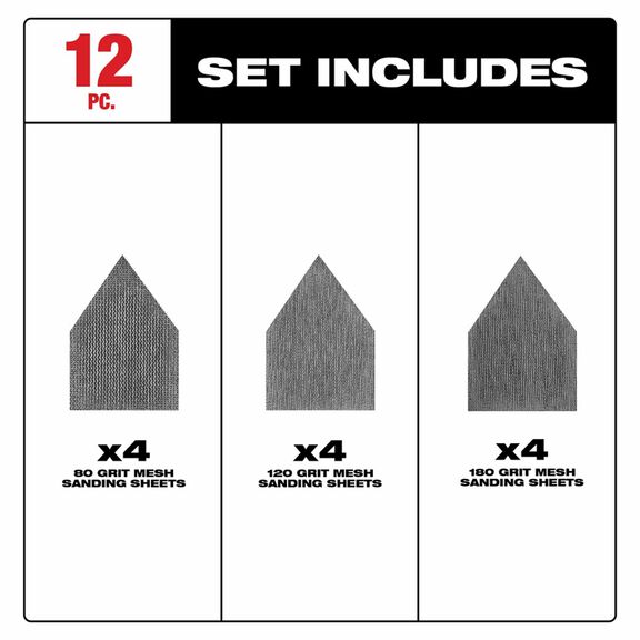 Assorted 80, 120 & 180 Grit Mesh Sanding Sheets for M12 FUEL&trade; Orbital Detail Sander, 12-Pack image number 1