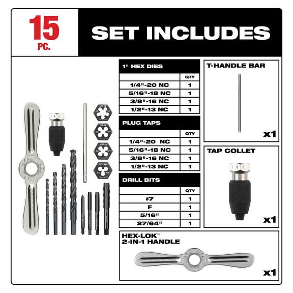 SAE Tap and Die Set with Hex-LOK&trade; 2-in-1 Handle, 15 Piece image number 1