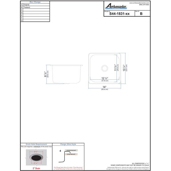 Rectangle Sink Brushed Finish, 304 Stainless Steel, 2" Drain, SoundKOTE image number 3