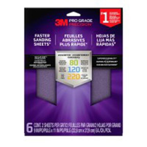 3M Pro Grade Precision Sanding Sheets w/ NO-SLIP GRIP Backing SHRASST-PGP-6T, 9" x 11", ASST Gr, 6 Shts/Pk image number 0