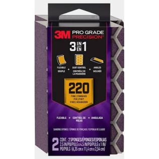 3M Pro Grade Precision 3-in-1 Sanding Sponge DCDA220-PGP-1T, 2.5in x 4.5in x 1in, 220 grit, Fine, 12/case