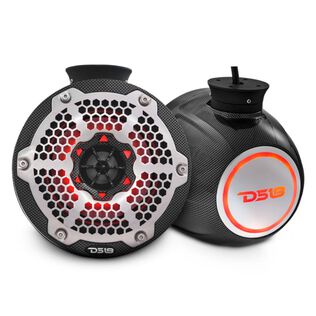HYDRO 6.5" Short Marine Tower Speakers with Flat and Pole Mount, RGB LED Lights, 375 Watts, Black Carbon Fiber